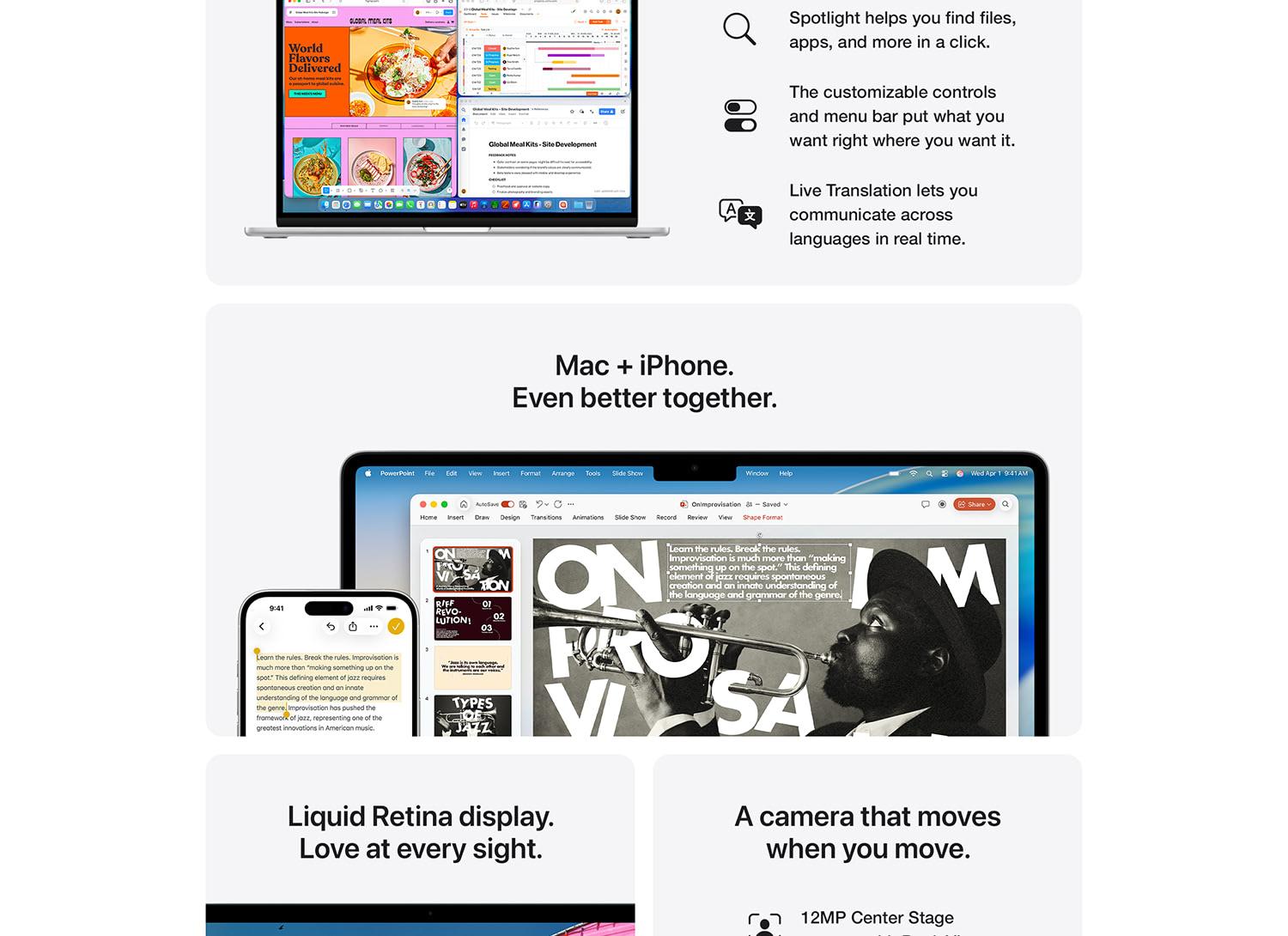MacBook Air with M5 feature grid showcasing dual portable sizes, four color options, M5 chip performance improvements, up to 18 hours of battery life, Apple Intelligence capabilities, and macOS productivity features.
